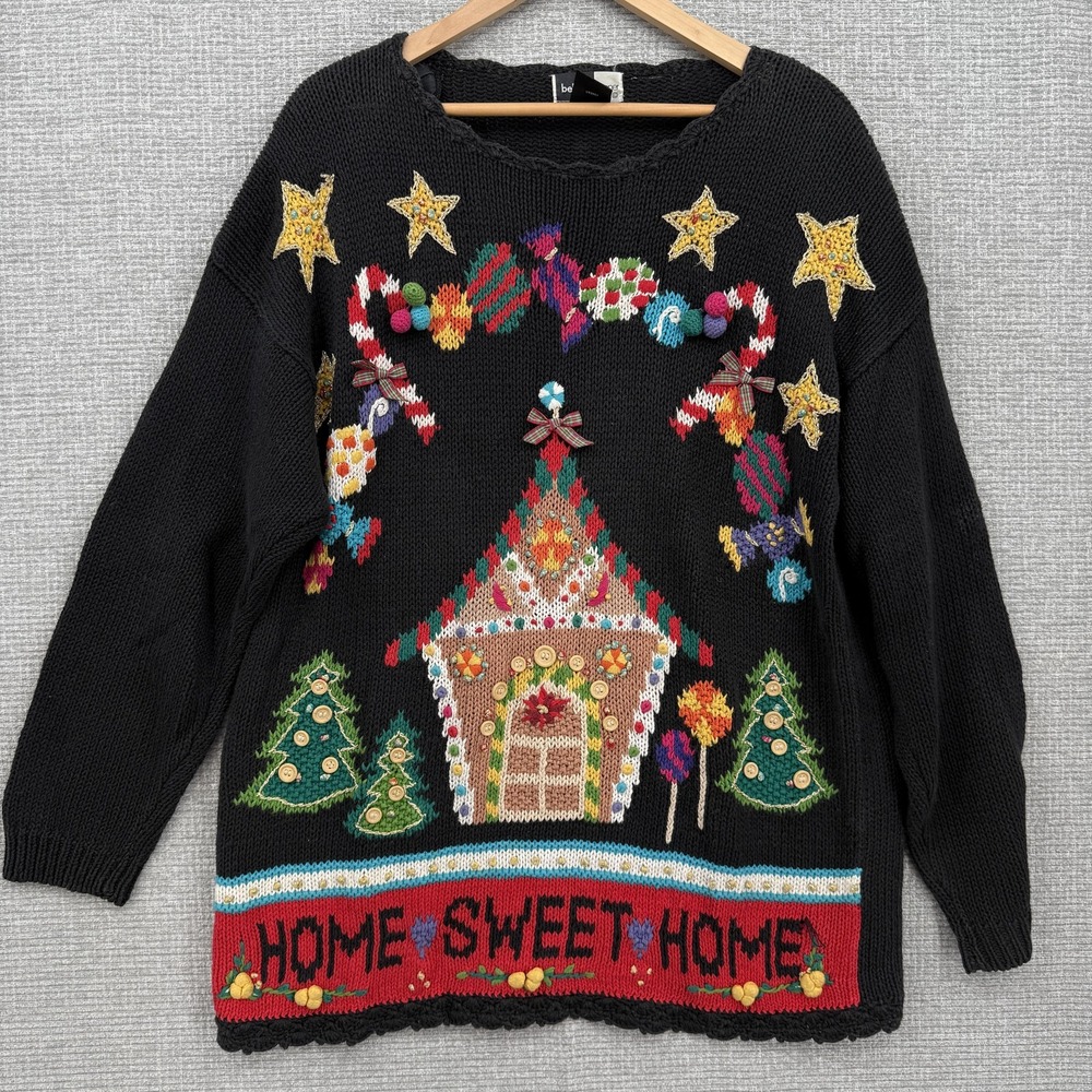 Beldoch Popper Sweater Womens Large Black Gingerbread Home Sweet Home Christmas